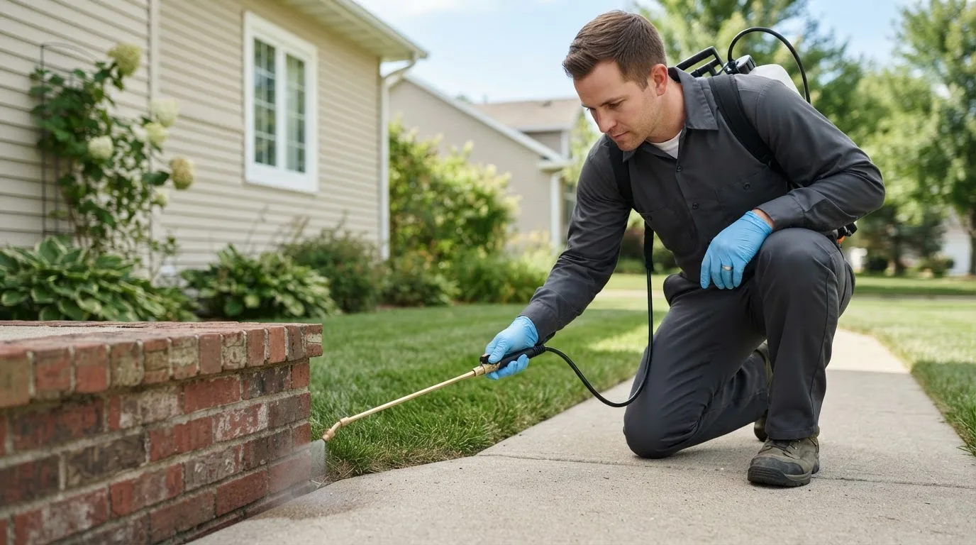 Pest control technician treating a home near Newtown, CT